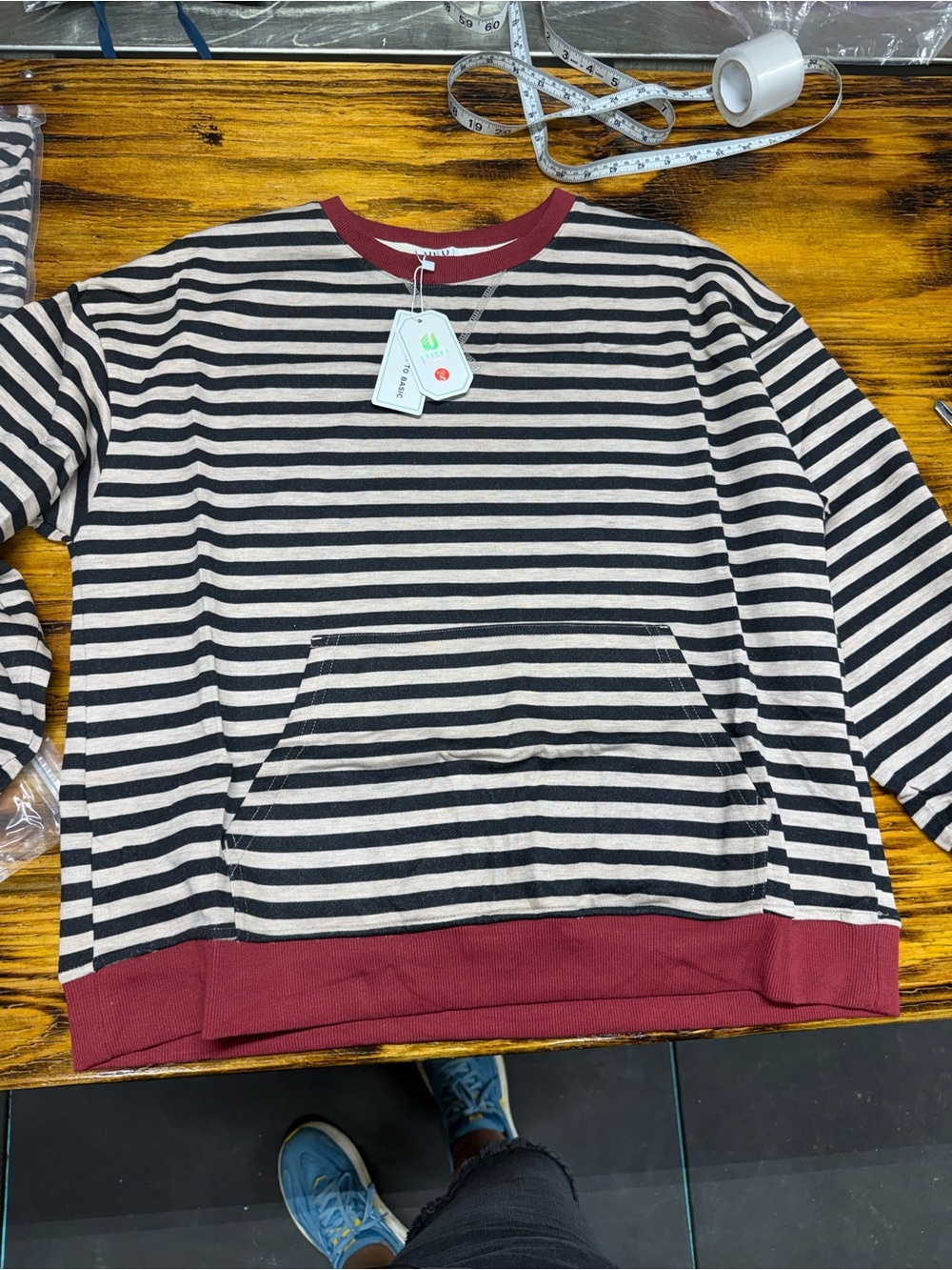 American Eagle Outfitters Black & Cream Striped Crewneck with Burgundy Trim